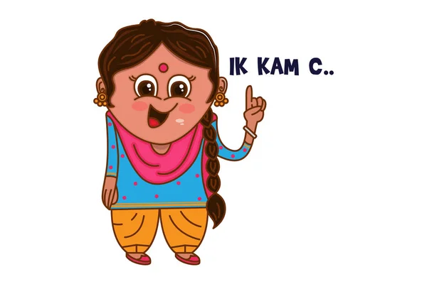 1本の指を示すプンジャビ女のベクトル漫画イラスト Ikk Kam Punjabi Text Translation 1つの作品 白い背景に隔離された — ストックベクタ