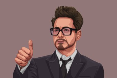 Vector cartoon illustration of Robert Downey jr. Isolated on a colored background.