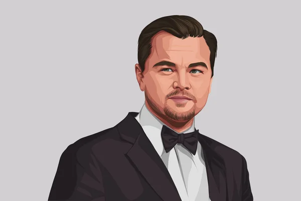 Vector cartoon illustration of Leonardo Dicaprio. Isolated on grey background.