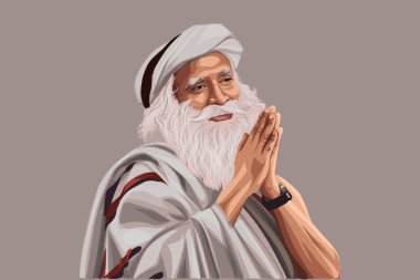 Sadhguru Jaggi Vasudev 'in vektör çizimi. Renkli bir arkaplanda izole edilmiş.