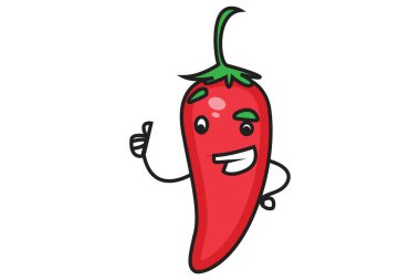 Kırmızı biberli ve baş parmağını gösteren vektör çizgi film çizimi. Beyaz arkaplanda izole.