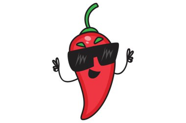 Kırmızı biberin güneş gözlüğü taktığı vektör çizgi film çizimi. Beyaz arkaplanda izole.