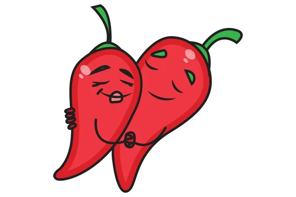 Vector Cartoon Illustration Red Chilies Hugging Each Other Isolated White — Stock Vector