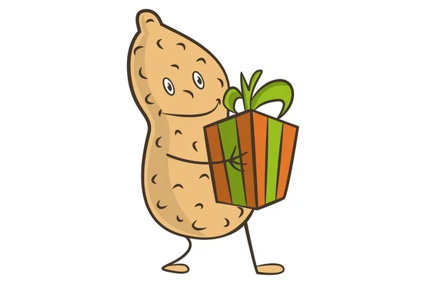 Vektor Cartoon Illustration Von Erdnuss Die Eine Geschenkschachtel Hält Isoliert — Stockvektor