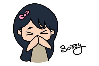 Özür dileyen küçük bir kızın vektör karikatür çizimi. Beyaz arkaplanda izole. 