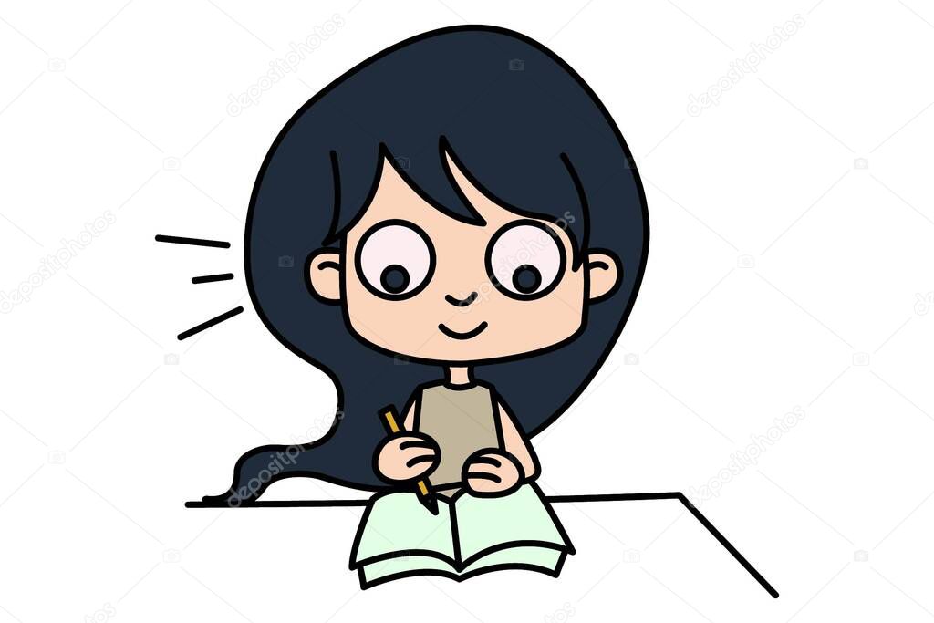 Vector cartoon illustration of a cute girl reading. Isolated on white background.   