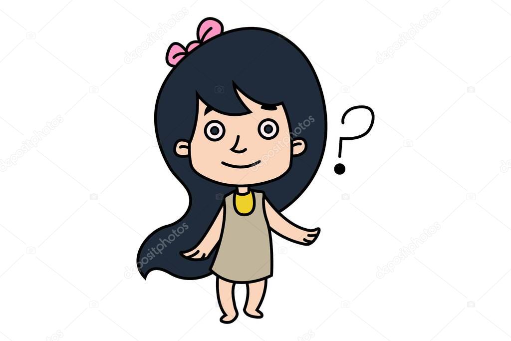 Vector cartoon illustration of a little girl confused. Isolated on white background.