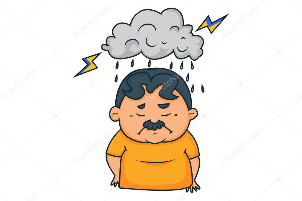 Vector cartoon illustration of a fat man drenching in rain. Isolated on white background.