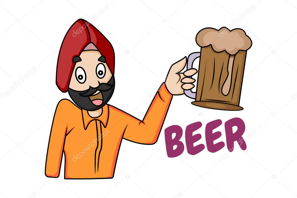 Vector cartoon illustration of Punjabi man holding beer glass in hand. Lettering text- beer. Isolated on white background.