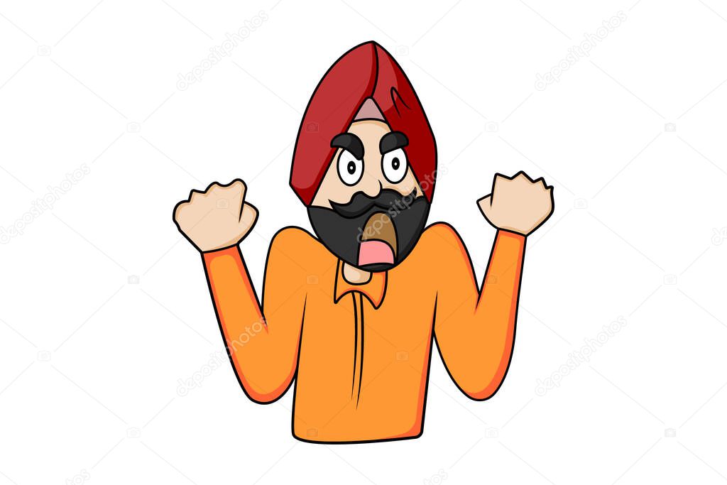 Vector cartoon illustration of angry Punjabi man. Isolated on white background.