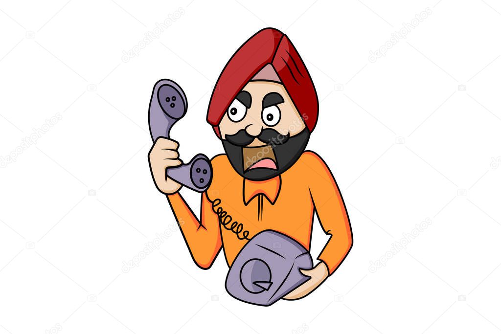 Vector cartoon illustration of Punjabi man shouting on the telephone. Isolated on white background.
