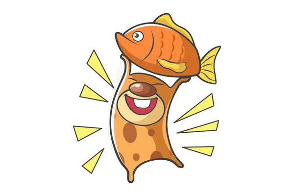 Векторная Карикатура Милого Персонажа Подбирающего Рыбу Изолированный Белом Фоне — стоковый вектор