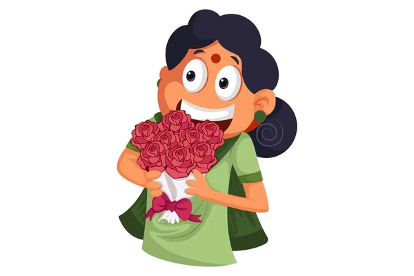 Vector Cartoon Illustration Woman Holding Flowers Bouquet Isolated White Background — Stock Vector