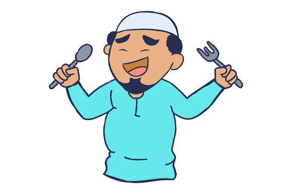 Vector Cartoon Illustration Muslim Man Holding Spoon Fork Isolated White — Stock Vector