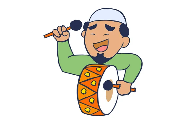 Illustration Vectorielle Dessin Animé Homme Musulman Joue Tambour Isolé Sur — Image vectorielle