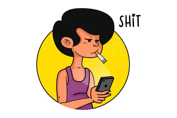 Vector Cartoon Illustration Boy Smoking Cigarette Holding Phone Hand Lettering - Stok Vektor