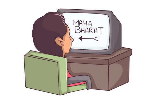 Desenho Animado Vetorial Ilustração Homem Assistindo Maha Bharat Serial Televisão — Vetor de Stock
