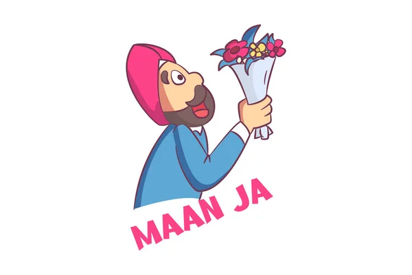 Ilustração Desenho Animado Vetorial Punjabi Homem Segurando Buquê Flores Mão — Vetor de Stock