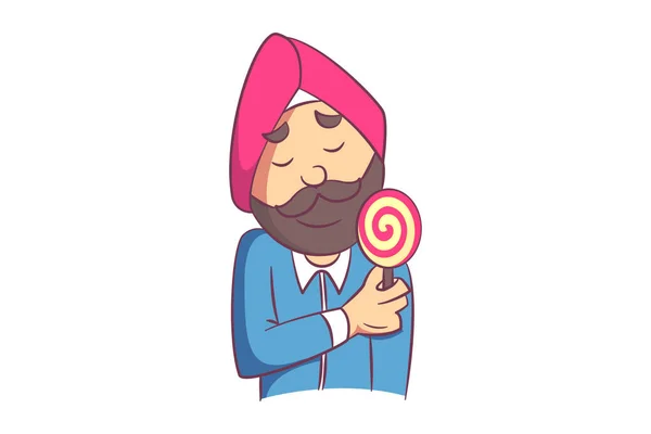 Vector Cartoon Illustration Punjabi Man Holding Candy Hand Isolated White — Stock Vector