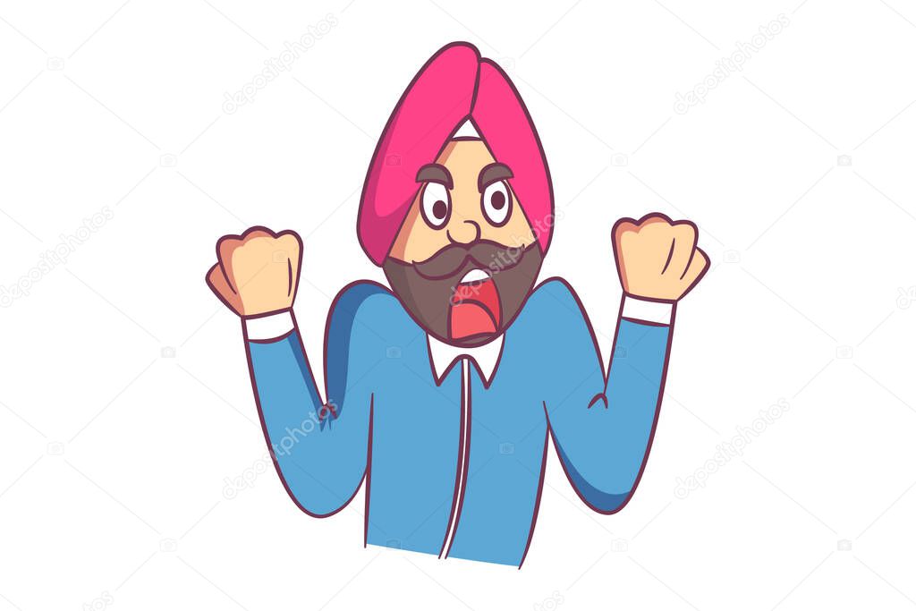 Vector cartoon illustration of angry Punjabi man. Isolated on white background.
