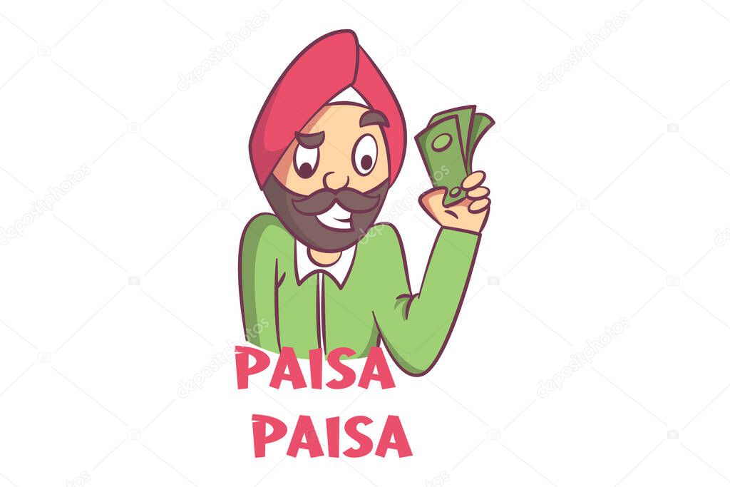 Vector cartoon illustration of Punjabi man holding money in hand. Paisa paisa Hindi text translation- money money. Isolated on white background.
