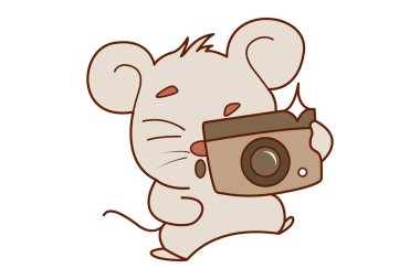 Vektör karikatür çizimi. Fare bir kamerayla resme tıklıyor. Beyaz arkaplanda izole.