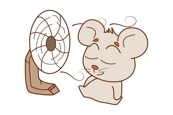 Desenho Animado Vetor Ilustração Mouse Relaxando Frente Ventilador Mesa Isolado — Vetor de Stock