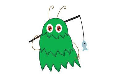 Vektör karikatür çizimi. Elinde balık, elinde sopa olan bir canavar. Beyaz arkaplanda izole.