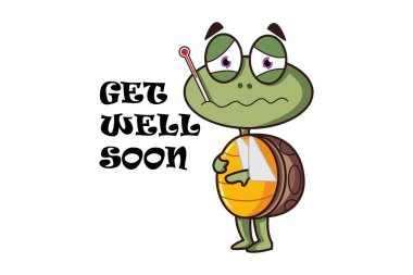 Kötü hisseden bir kaplumbağanın vektör karikatür çizimi. Mektup- geçmiş olsun. Beyaz arkaplanda izole.