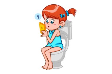 Vektör karikatür çizimi. Şirin kız klozet kapağında oturuyor ve telefonu izliyor. Beyaz arkaplanda izole.