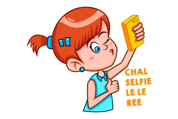 矢量卡通画 可爱的女孩采取自拍 Chal Selfie Ree Hindi Text Translation 让我们来看看Selfie 因白人背景而被隔离 — 图库矢量图片