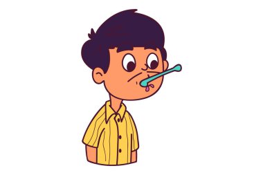 Vektör karikatür çizimi. Adamın ağzında dondurma kaşığı var. Beyaz arkaplanda izole.