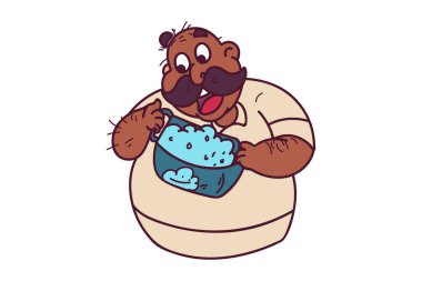 Vektör karikatür çizimi. Bıyıklı adam dondurma kasesi tutuyor. Beyaz arkaplanda izole.