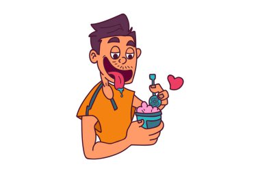 Vektör karikatür çizimi. Adam kaşıkla dondurma yiyor. Beyaz arkaplanda izole.