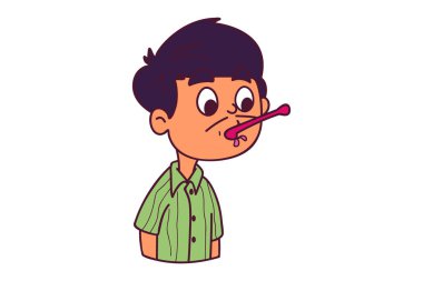 Vektör karikatür çizimi. Adamın ağzında dondurma kaşığı var. Beyaz arkaplanda izole.