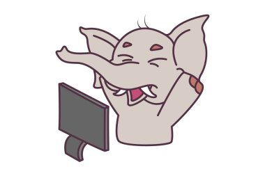 Vektör karikatür çizimi. Fil bilgisayarla çalışmaktan yoruldu. Beyaz arkaplanda izole.