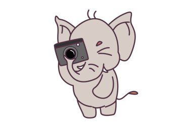 Vektör karikatür çizimi. Fil, kamerayla çekilmiş bir fotoğraftır. Beyaz arkaplanda izole.
