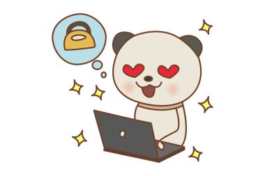 Vektör karikatür çizimi. Panda online alışveriş yapıyor. Beyaz arkaplanda izole.