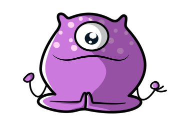 Yoga pozisyonunda oturan mor bir canavarın vektör çizimi. Beyaz arkaplanda izole. 