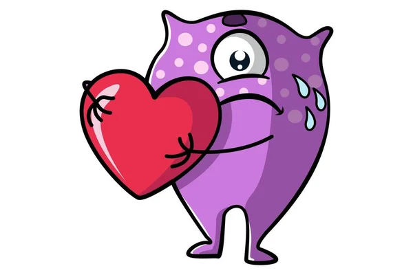 Ilustración Dibujos Animados Vectoriales Monstruo Púrpura Triste Tiene Corazón Mano — Vector de stock