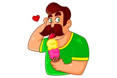 Dondurma yiyen bir adamın vektör karikatür çizimi. Beyaz arkaplanda izole.