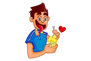 Vektör karikatür çizimi. Adam kaşıkla dondurma yiyor. Beyaz arkaplanda izole.