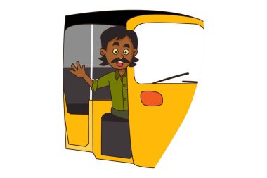Vektör karikatür çizimi. Otomobil sürücüsü arabada oturuyor ve el sallıyor. Beyaz arkaplanda izole.