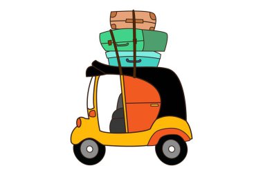 Otomobilin bir bavulla karikatür çizimi. Beyaz arkaplanda izole.