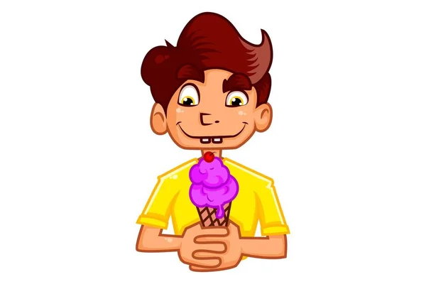 Vector Cartoon Illustration Boy Holding Ice Cream Cone Hand Isolated — Stock Vector