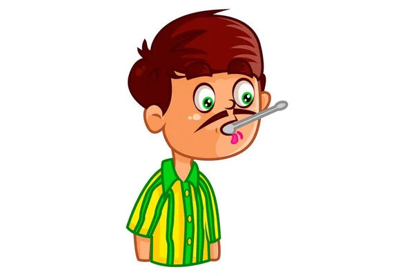 Ilustrasi Kartun Vektor Seorang Pria Memegang Sendok Krim Mulut Terisolasi - Stok Vektor