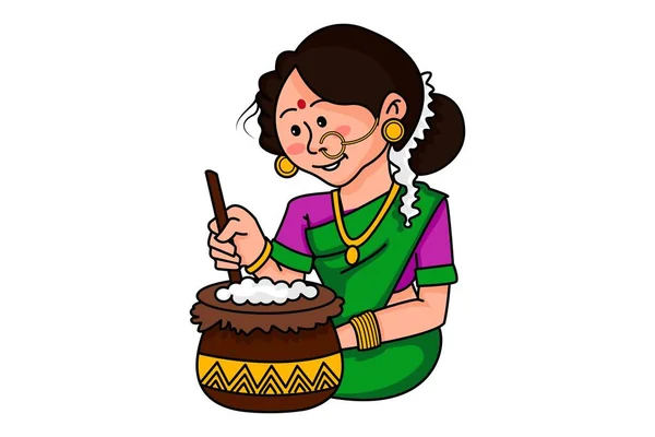 Ilustrasi Kartun Vektor Wanita Tamil Memasak Makanan Dalam Panci Terisolasi - Stok Vektor