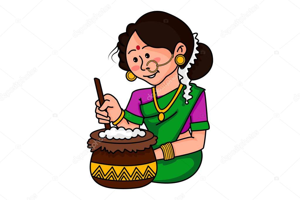 Vector cartoon illustration. Tamil woman is cooking food in a pot. Isolated on white background.