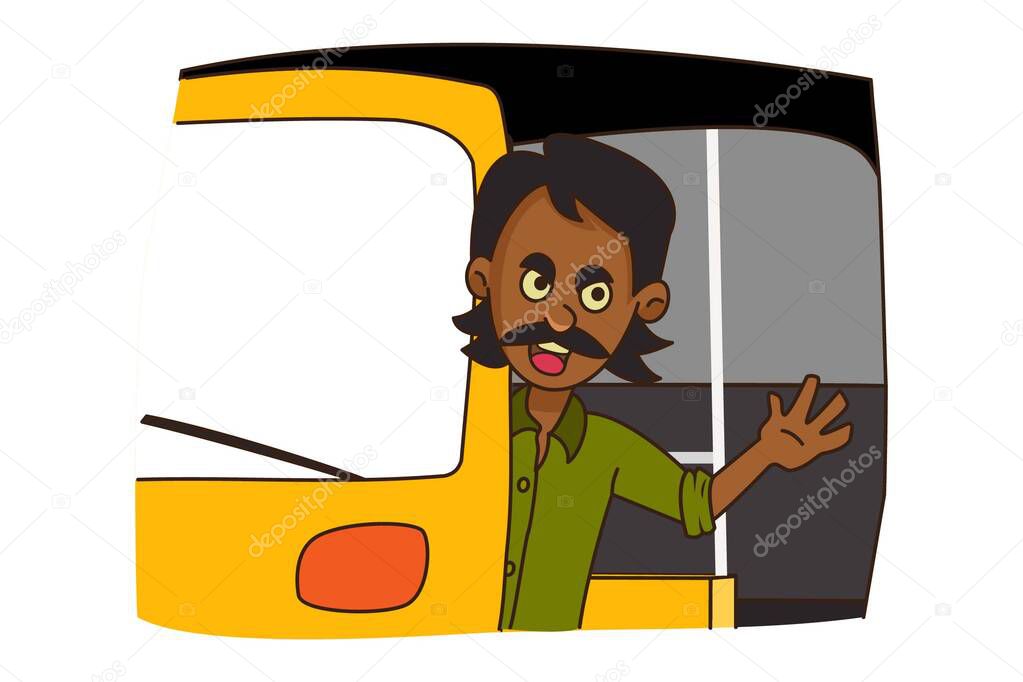 Vector cartoon illustration. Auto driver is waving hand from the auto. Isolated on white background.
