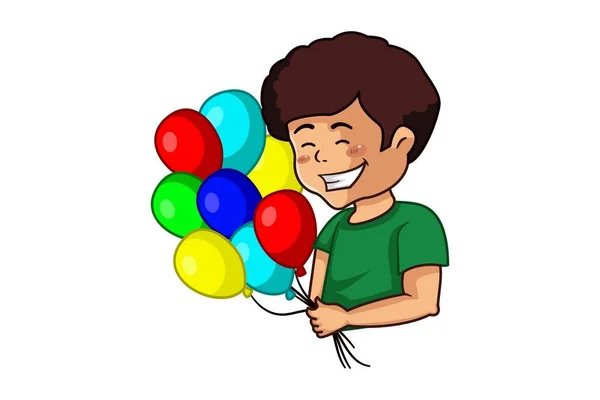 Vector Cartoon Illustration Happy Boy Holding Balloons Hands Isolated White — Stock Vector